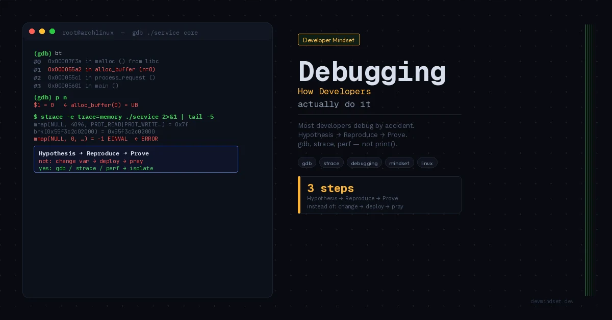 Debugging methodology with gdb backtrace, strace memory analysis, and Hypothesis to Reproduce to Prove workflow on Arch Linux