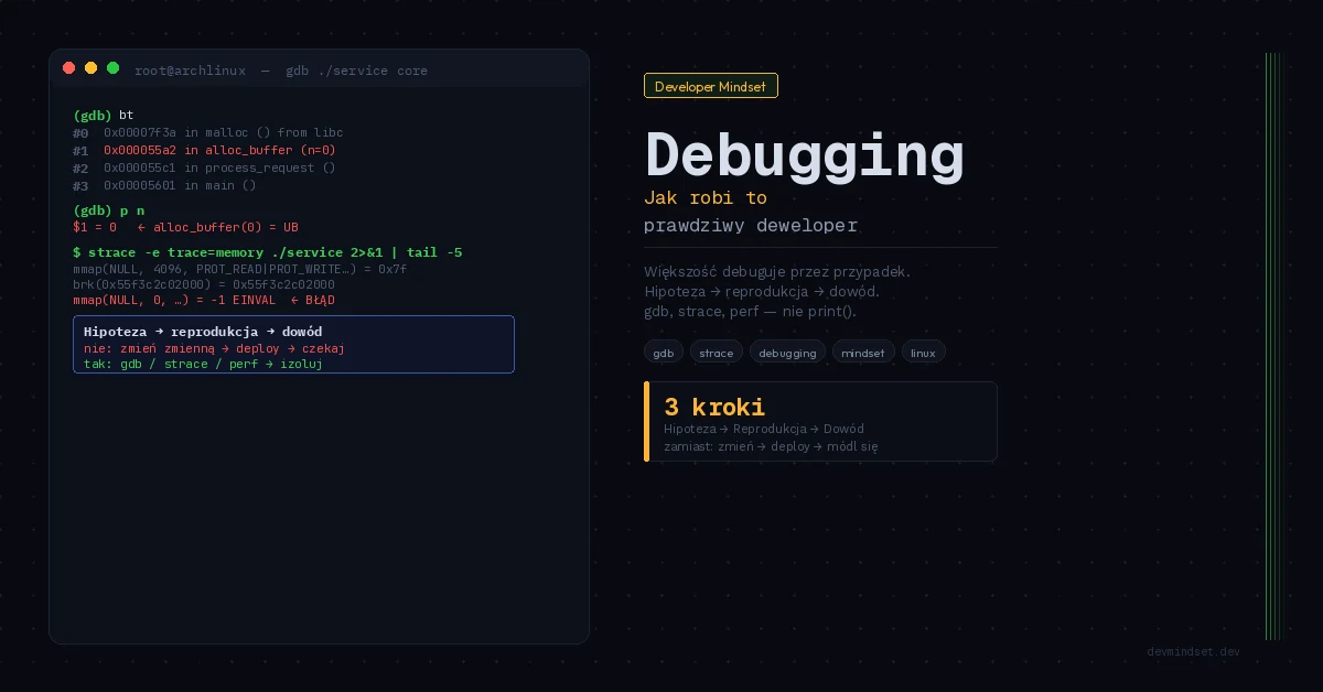 Metodyka debugowania z gdb backtrace, analizą pamięci przez strace i workflow Hipoteza → Reprodukcja → Dowód na Arch Linux