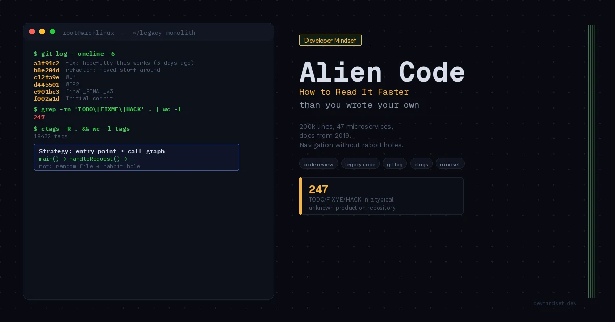 Strategy for reading other people's code — terminal showing git log, grep TODO/FIXME, ctags, and entry point to call graph approach